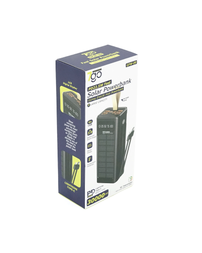 Powerbank 7GO GPW-09 30000mAh, Solar, 22.5W, Li-pol, LCD Display, Вход:Type-C, Выходы: 2xUSB Type-C, 4xUSB Type-A, кабеля T-C/Ligh, 0,70, Black, Box