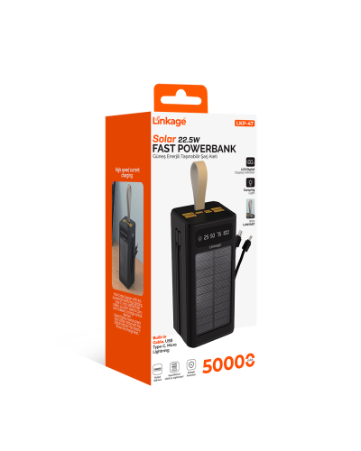 Power bank Linkage LKP-47 50000mAh, Solar, 22.5W, Кабеля Туре-С+Lighting, 1,060 kg, Black, Blister