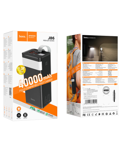 Power Bank HOCO J86 40000mAh, 2USB+Type-C+micro, PD20W, фонарик, Black, 0.790kg