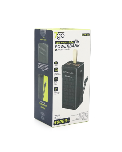 Powerbank 7GO GPW-01 50000mAh, Solar,PD22.5W, Li-pol, LCD Display, Вход:Type-C, Выходы: 2xUSB Type-C, 4xUSB Type-A, кабеля T-C/Ligh, 1,080, Black, Box