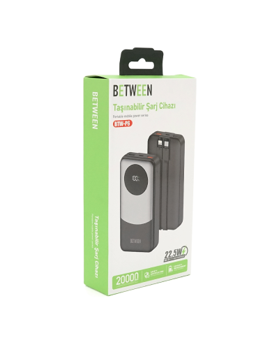 Power bank BETWEEN BTW-P6 20000mAh, 22.5W, 2 кабеля: Type-C+Lighting, Black, 490g, Box