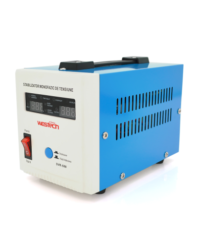 Стабилизатор напряжения релейный Westech SVR-500VA/375W однофазный, напольного монтажа, LED дисплей, диапазон 150-270V, AC230±8%, 2*Shuko, Q8