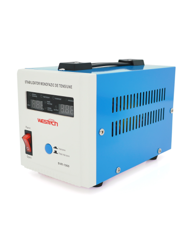 Стабилизатор напряжения релейный Westech SVR-1000VA/750W однофазный, напольного монтажа, LED дисплей, диапазон 150-270V, AC230±8%, 2*Shuko, Q8